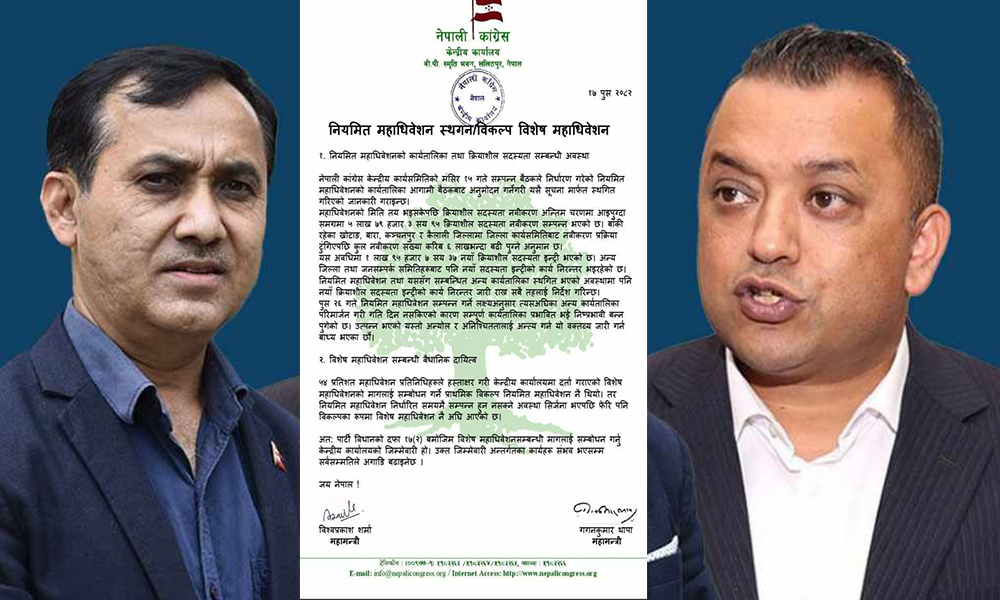 कांग्रेस महामन्त्रीद्वयले गरे नियमित महाधिवेशन स्थगन