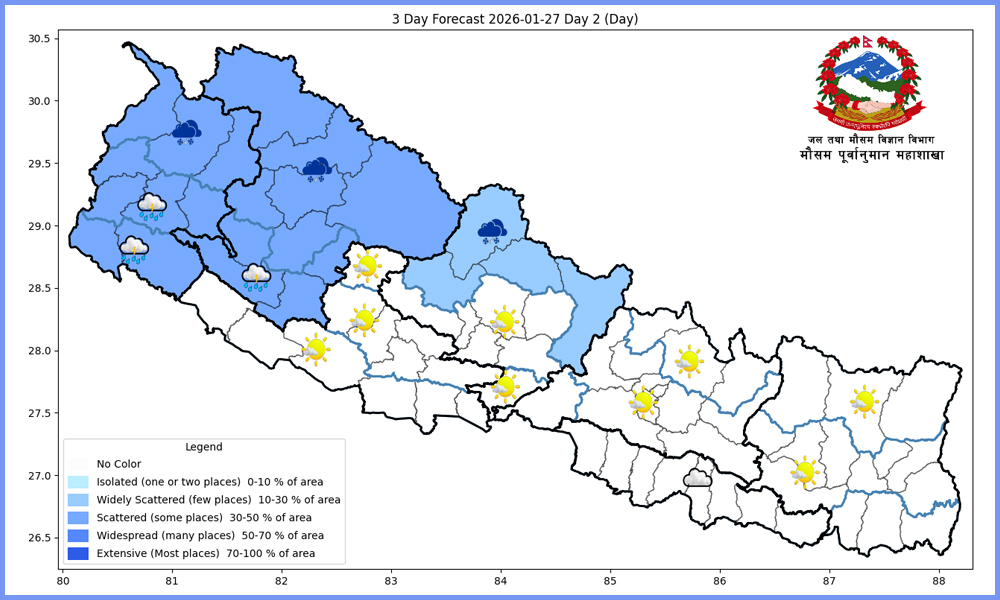 दुई दिन देशका अधिकांश स्थानमा वर्षा र हिमपातको सम्भावना
